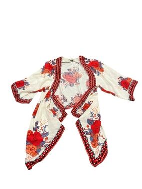 Flying Tomato White Floral Kimono with Red & Orange Accents